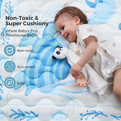 Momcozy play mat with 500gsm padding cushions tiny bumps during play sessions.