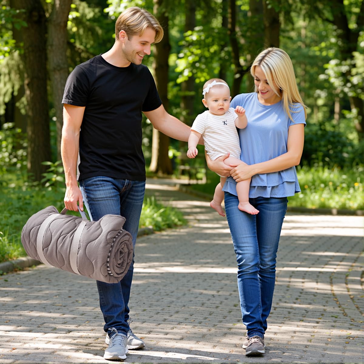 Momcozy mat folds with a carrying handle for travel and storage.