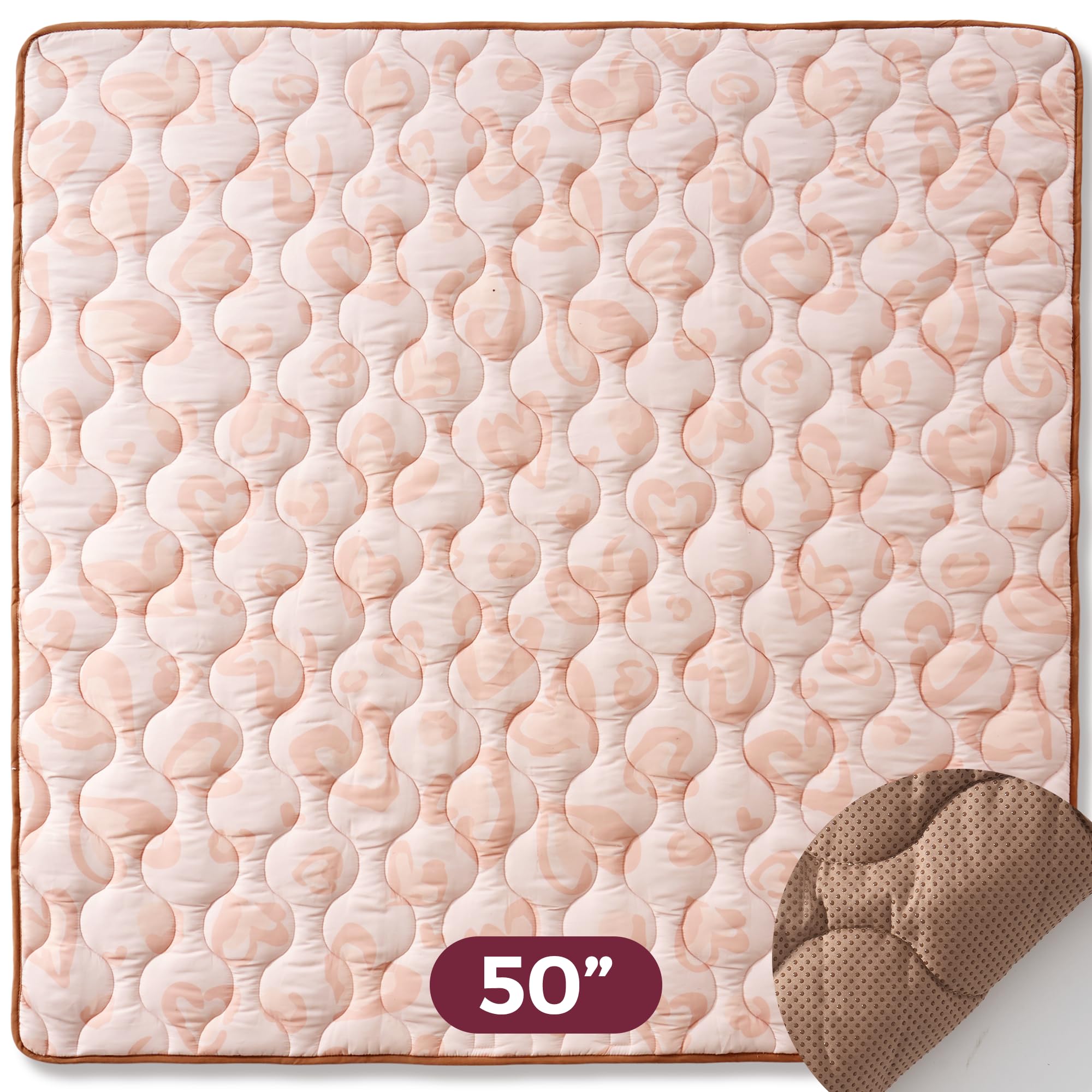 Momcozy Leopard Heart play mat supports safe crawling and gentle walking.