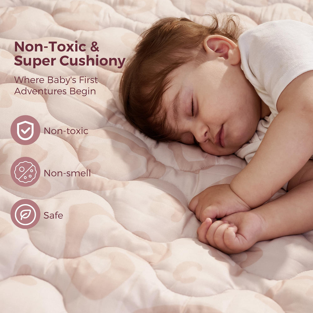 Momcozy Leopard Heart mat is waterproof for quick cleanup after spills.