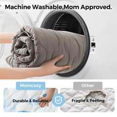 Momcozy play mat features non-slip back for stable play on smooth floors.
