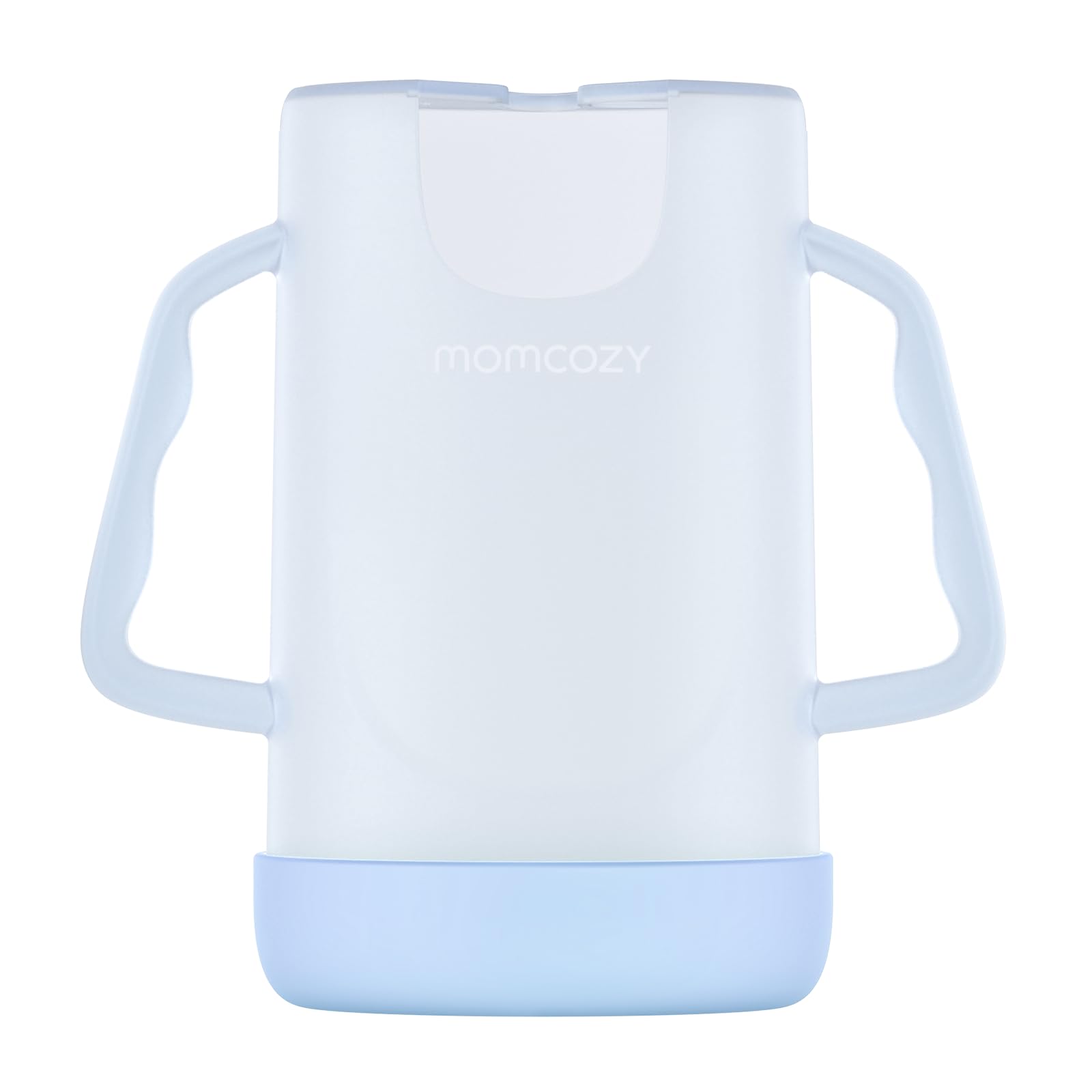 Momcozy No Squeeze pouch holder in blue keeps pouches mess-free during meals