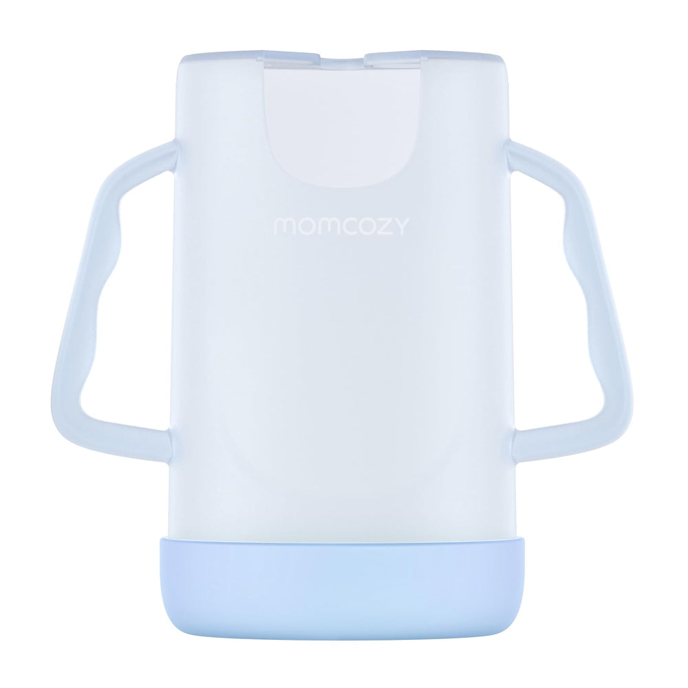 Momcozy No Squeeze pouch holder in blue keeps pouches mess-free during meals