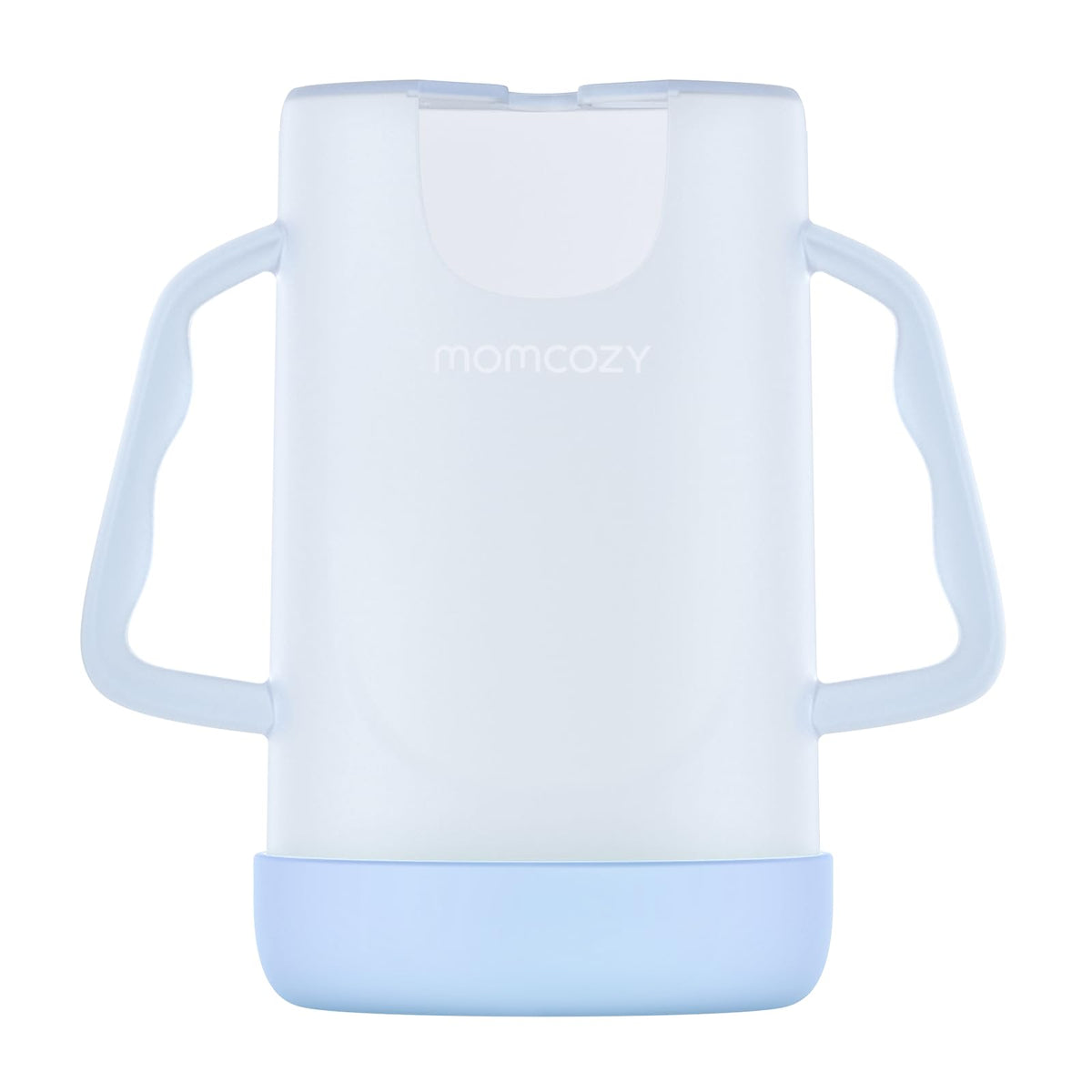 Momcozy No Squeeze pouch holder in blue keeps pouches mess-free during meals