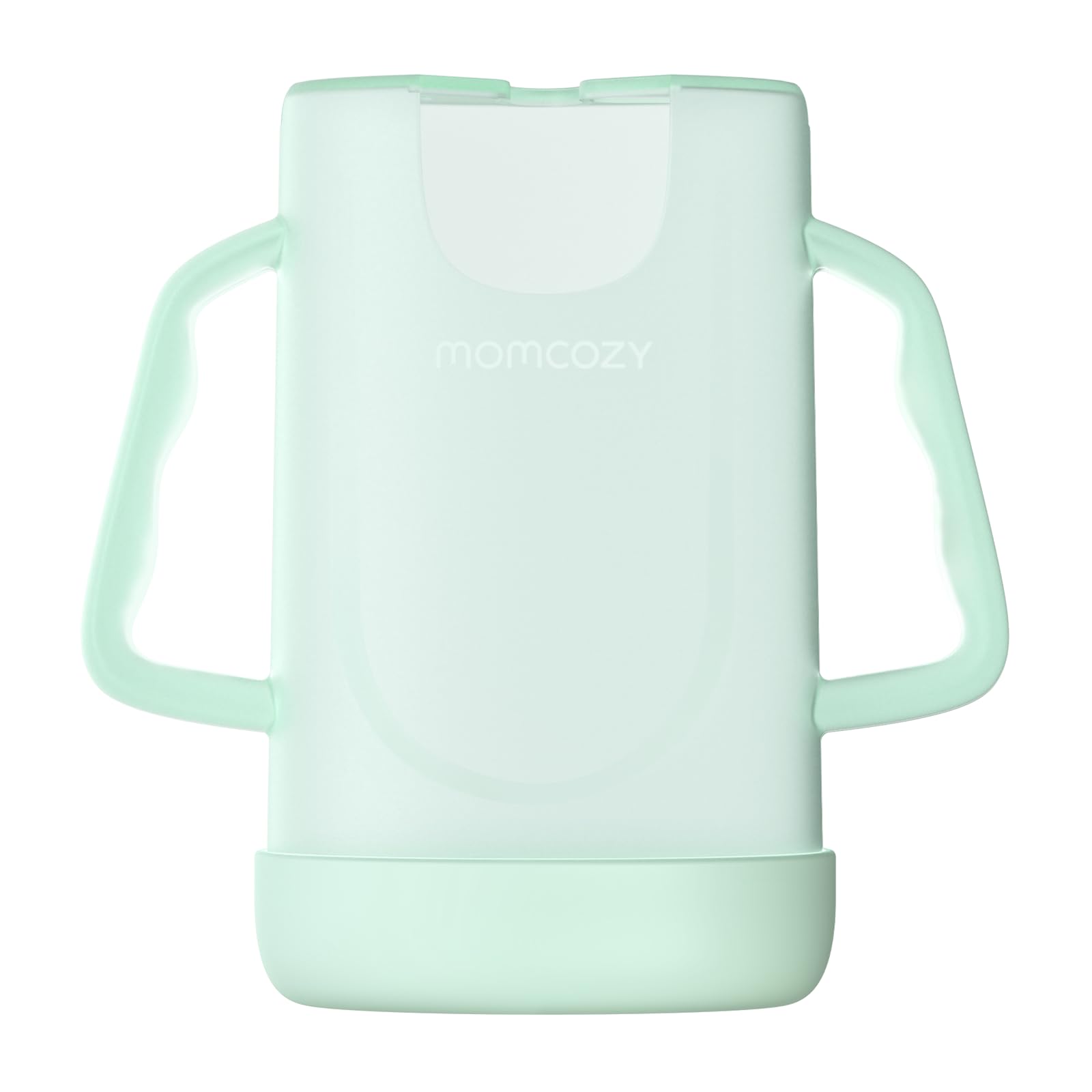 Momcozy No Squeeze pouch holder side view showing ergonomic grip for easy feeding