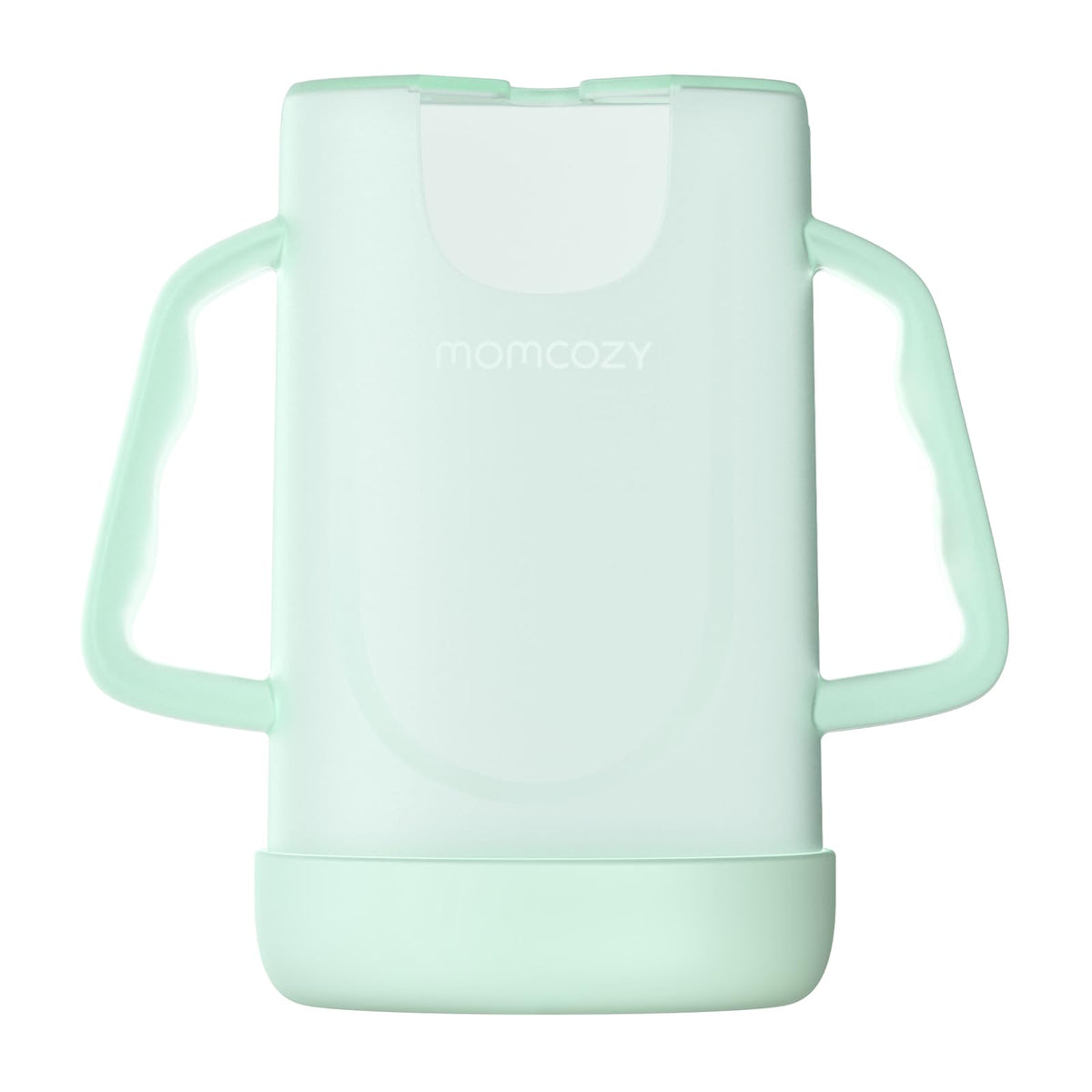 Momcozy No Squeeze pouch holder side view showing ergonomic grip for easy feeding