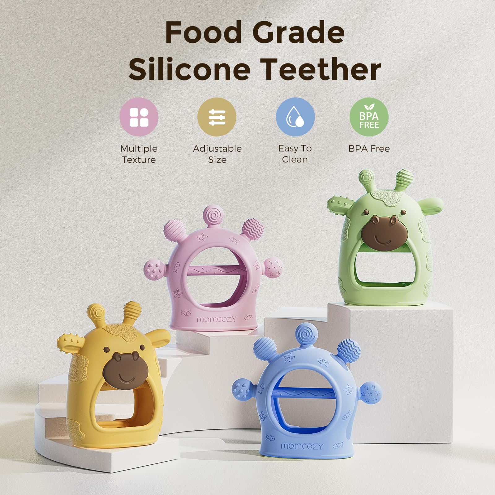 Momcozy teether shows adjustable wristband for secure hand fit