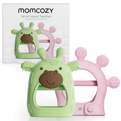 Momcozy baby teether green close-up emphasizing soothing silicone for teething relief.