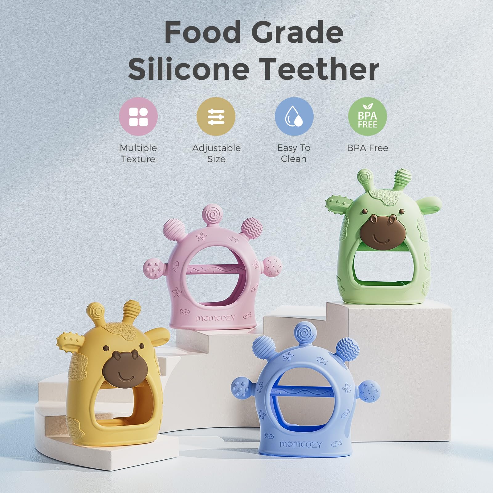 Momcozy baby teether textures close-up, varied surfaces relieve teething discomfort.