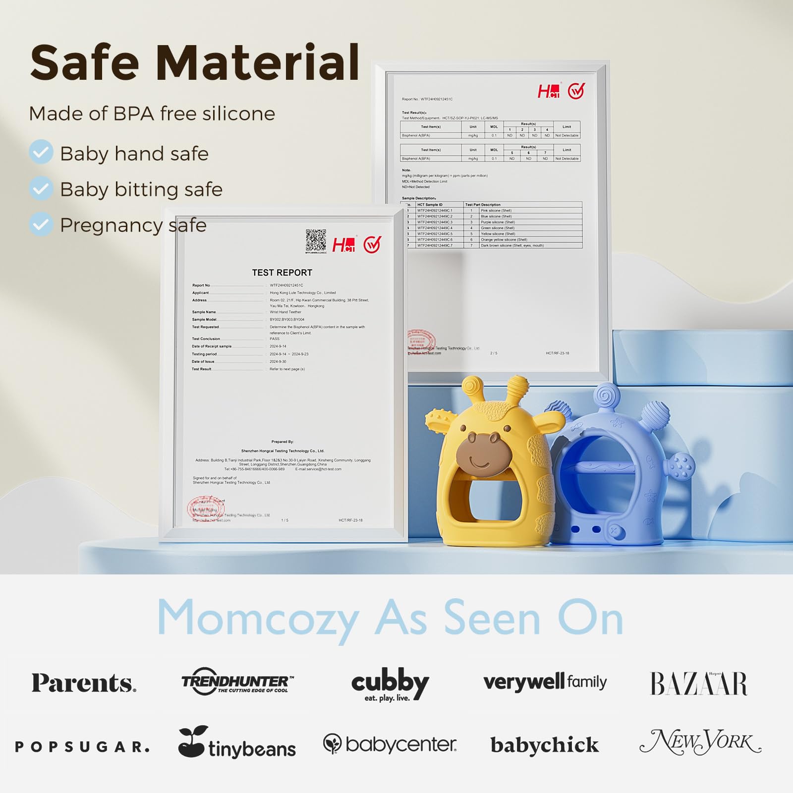 Two-pack Momcozy teether set includes yellow and blue options.