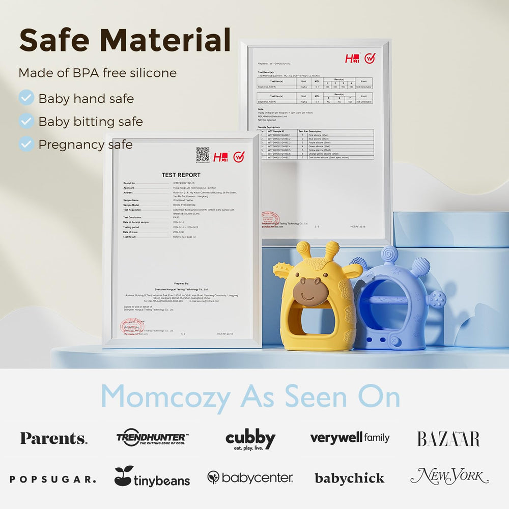 Two-pack Momcozy teether set includes yellow and blue options.