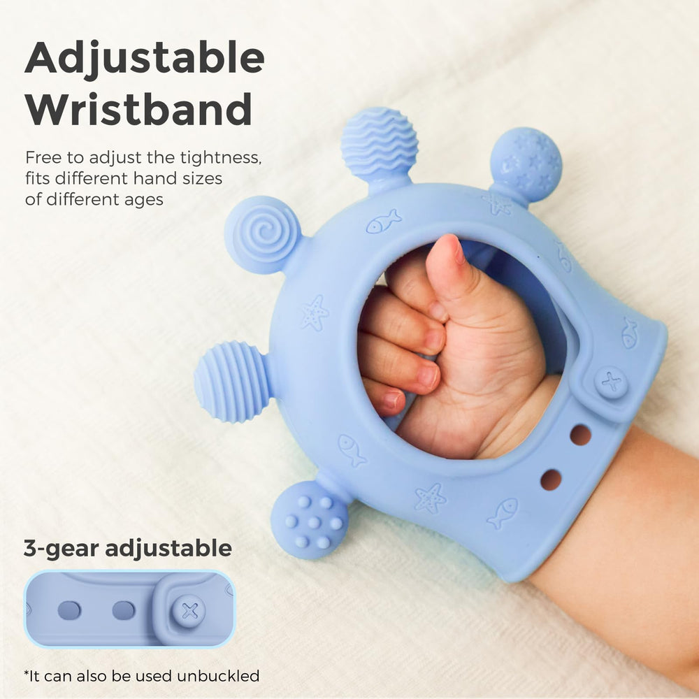 Momcozy teether wristband adjusted, secure grip for tiny hands.