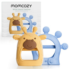Momcozy Baby Teether with yellow wristband aids gentle teething for tiny hands.