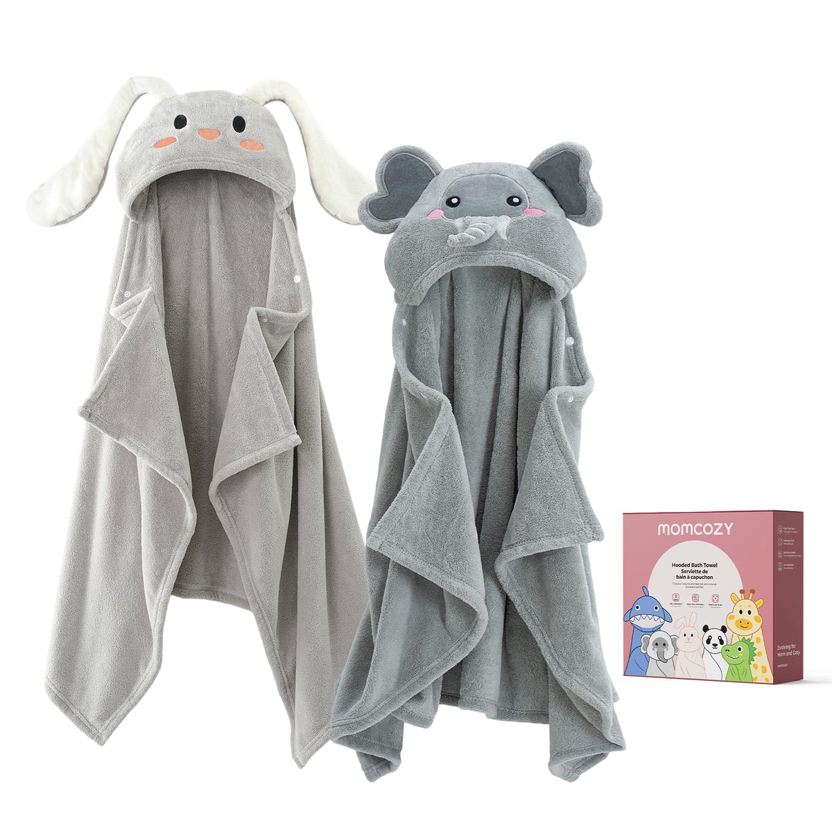 Momcozy baby towel health label close-up showing care reminders