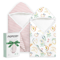 Momcozy hooded towel in soft cloud fabric for gentle bath time.