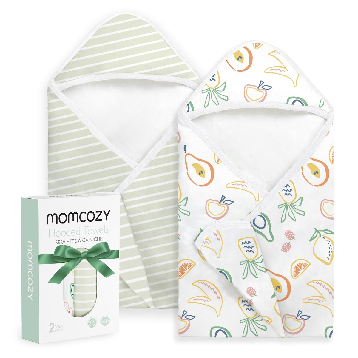 Momcozy hooded baby towel with soft wrap for cozy post-bath warmth.