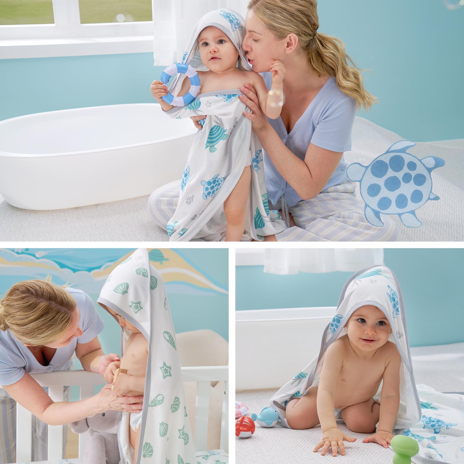 Momcozy sea turtle pattern towel adds playful bath time