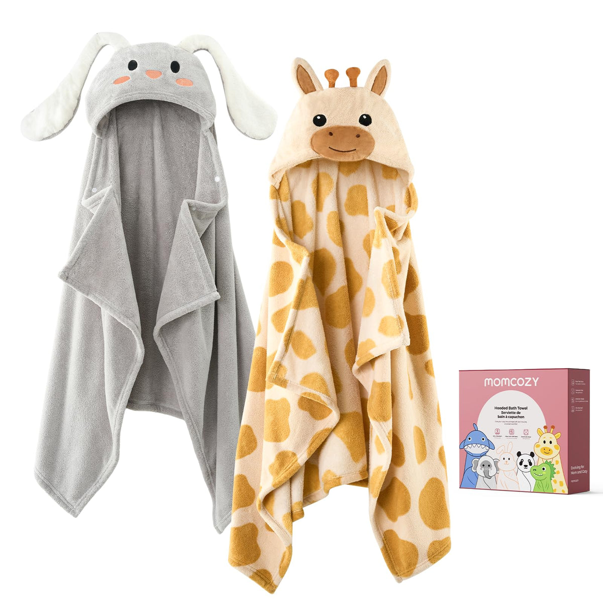 Momcozy baby towel with visualize health label guides bath care and safety.