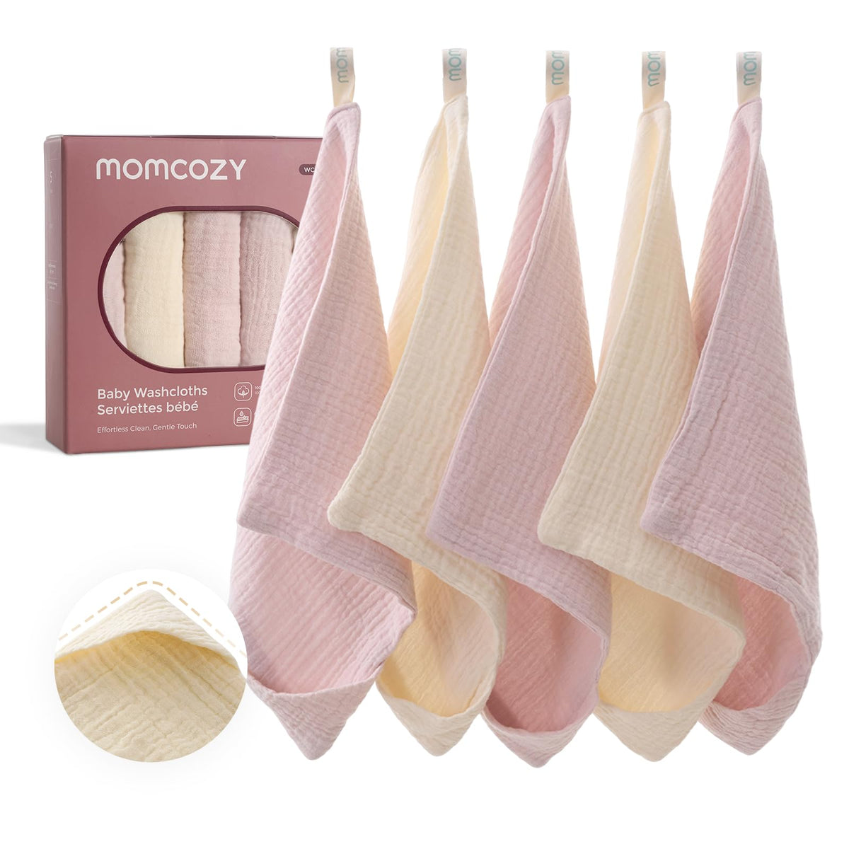 Momcozy baby washcloths closeup shows a 4-layer design and ultra-soft cotton.