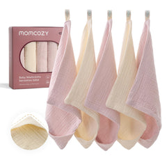 Momcozy baby washcloths closeup shows a 4-layer design and ultra-soft cotton.
