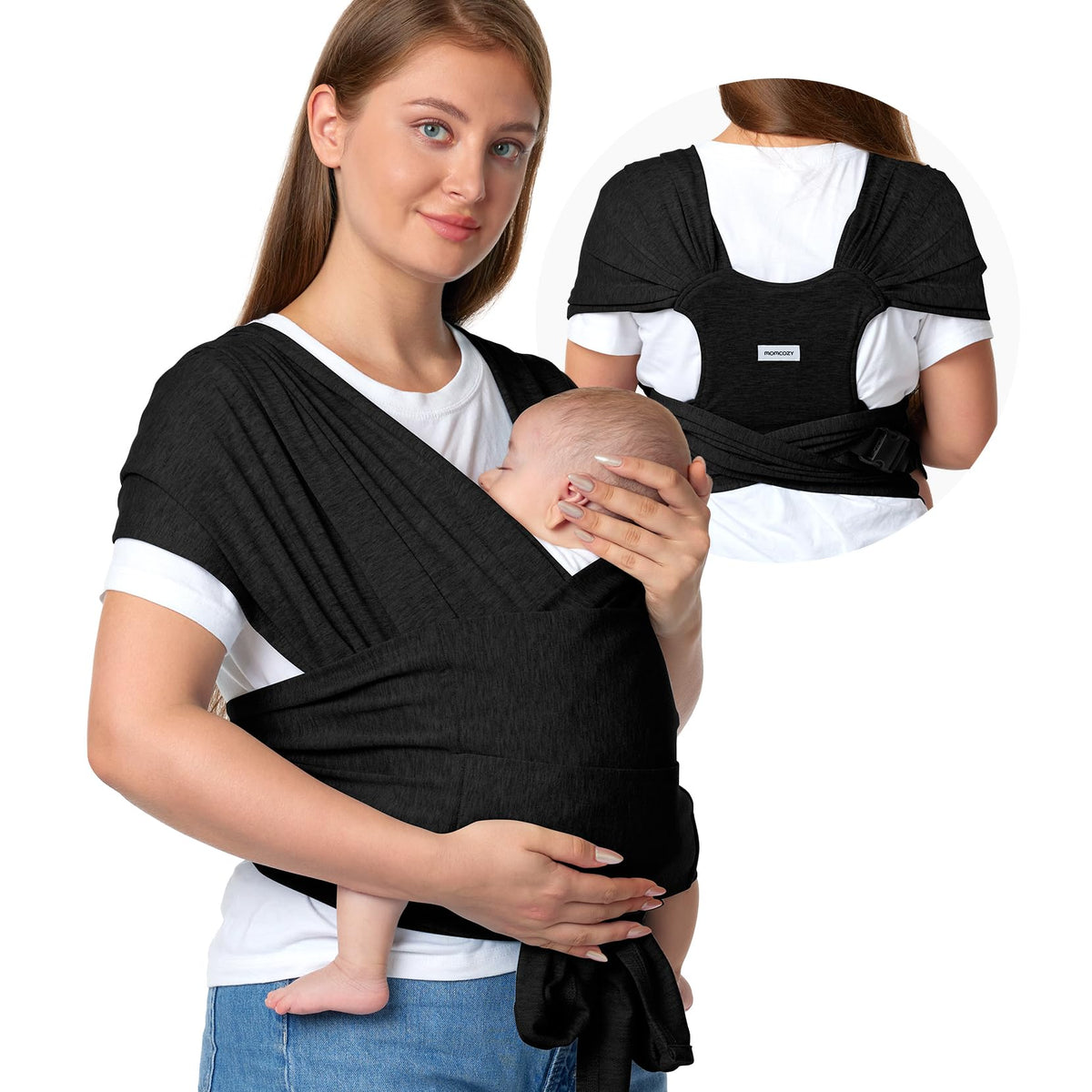 Momcozy baby wrap with breathable fabric for gentle skin contact.