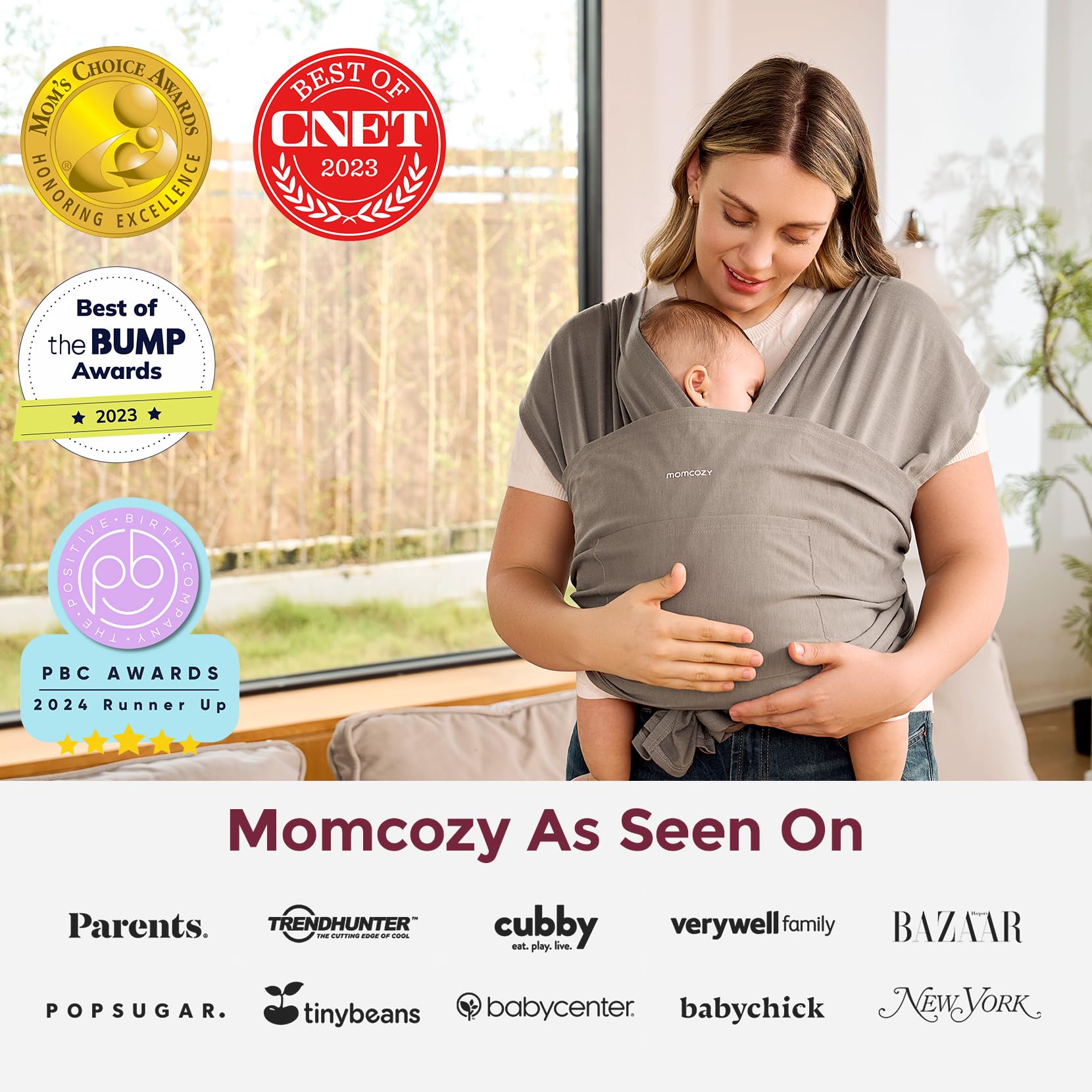 Momcozy Baby Wrap Carrier brown compact fold for travel and storage