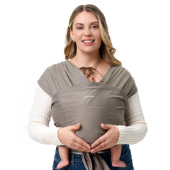 Momcozy Baby Wrap Carrier in brown, front view shows adjustable fit for growing babies and hands-free wear
