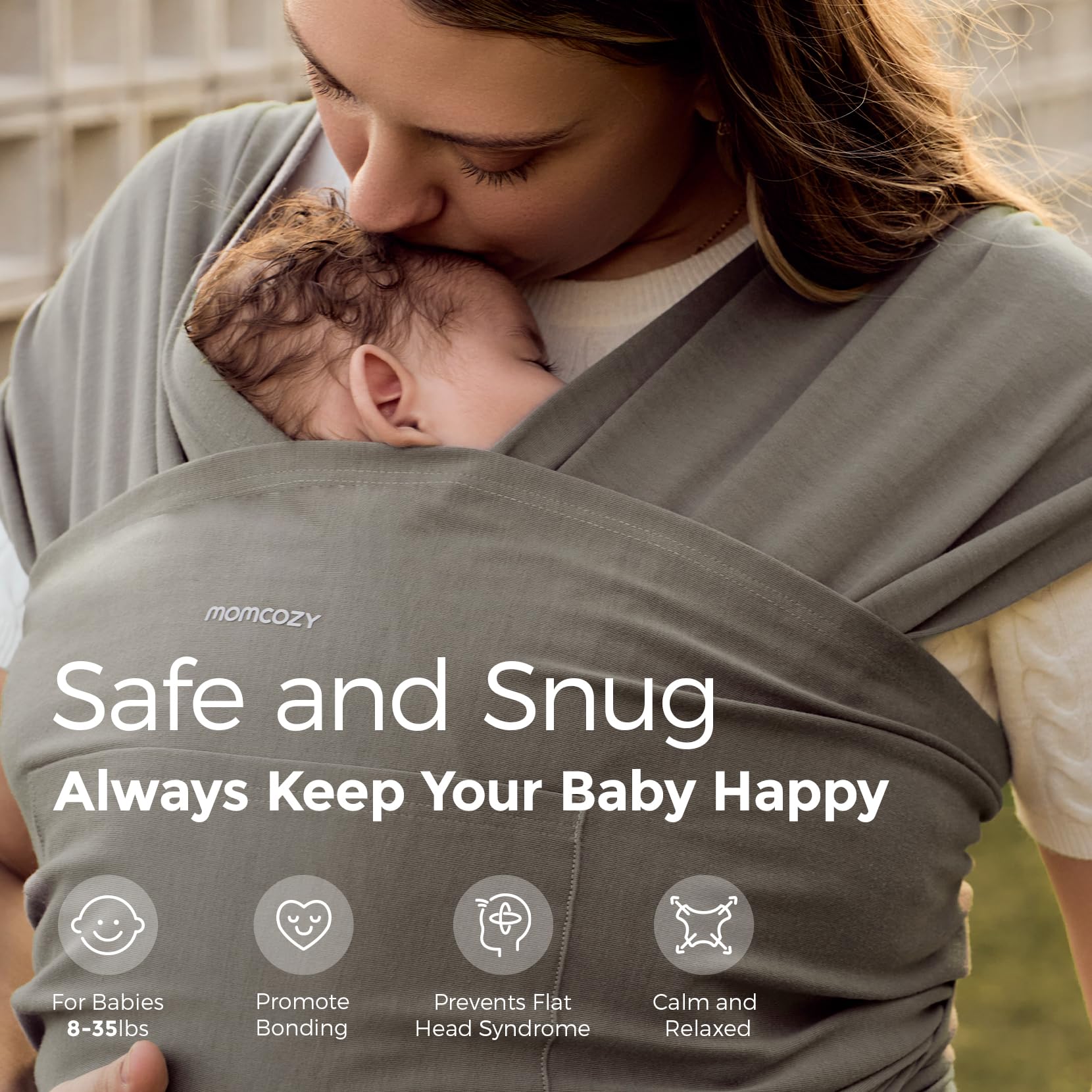 Momcozy Baby Wrap Carrier worn by newborn demonstrates ergonomic positioning for comfortable, secure wearing