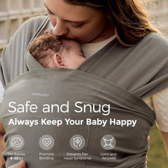 Momcozy Baby Wrap Carrier worn by newborn demonstrates ergonomic positioning for comfortable, secure wearing