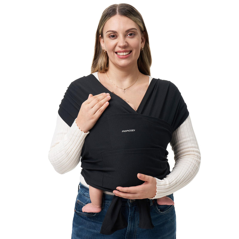 Momcozy Baby Wrap Carrier shows adjustable size for a secure, comfortable fit.