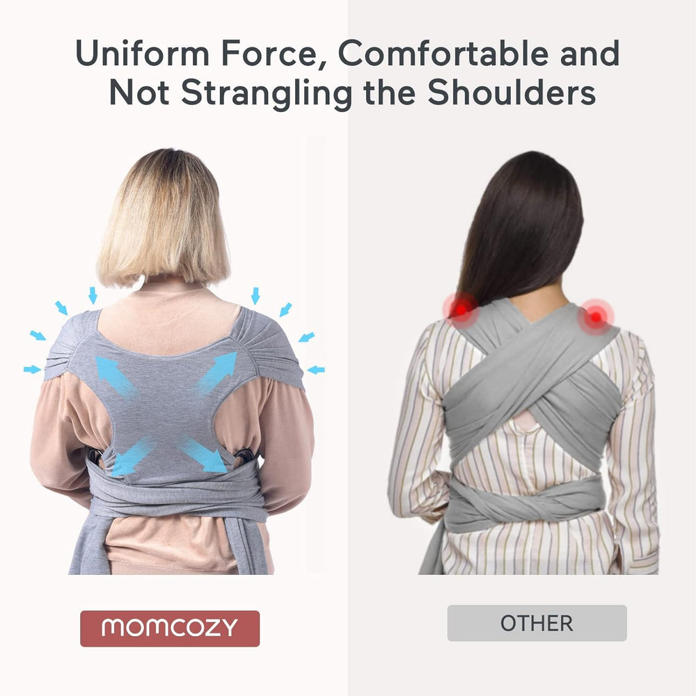 Momcozy wrap carrier gray breastfeeding privacy feature enables discreet feeding.