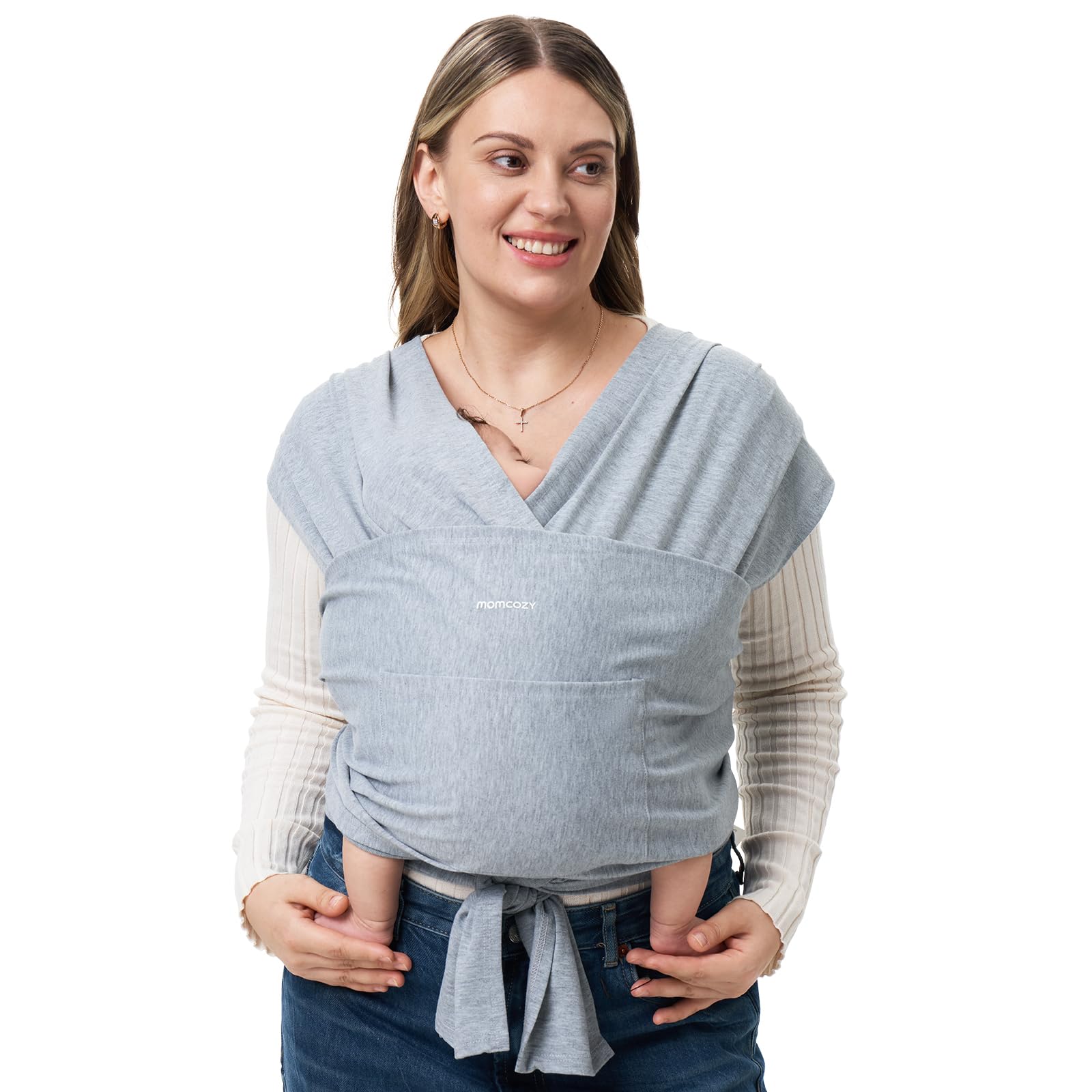 Momcozy baby wrap carrier gray front view for easy hands-free use.