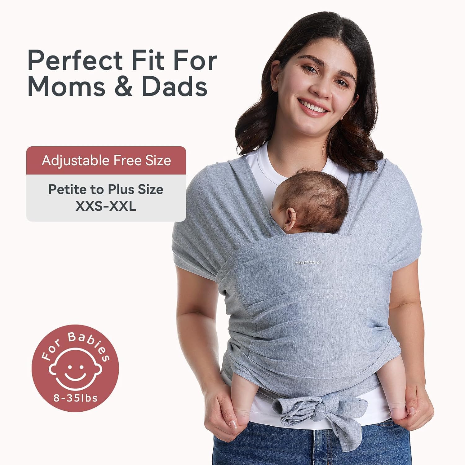Momcozy wrap carrier gray soft fabric ensures gentle baby contact.