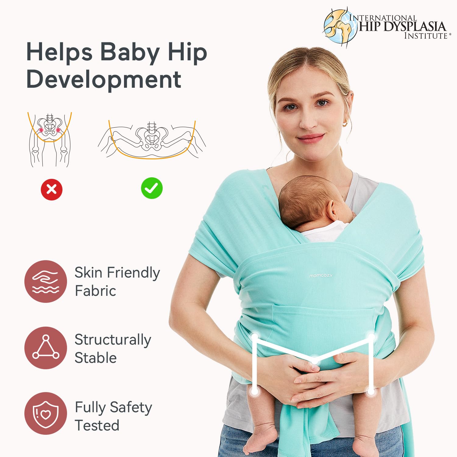 Momcozy baby wrap Lake Blue supports newborn to toddler use in daily routines.