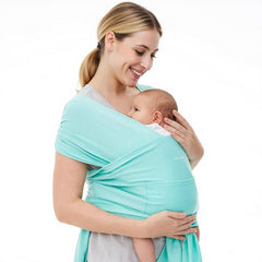 Momcozy baby wrap in Lake Blue demonstrates a quick wear setup for busy days.