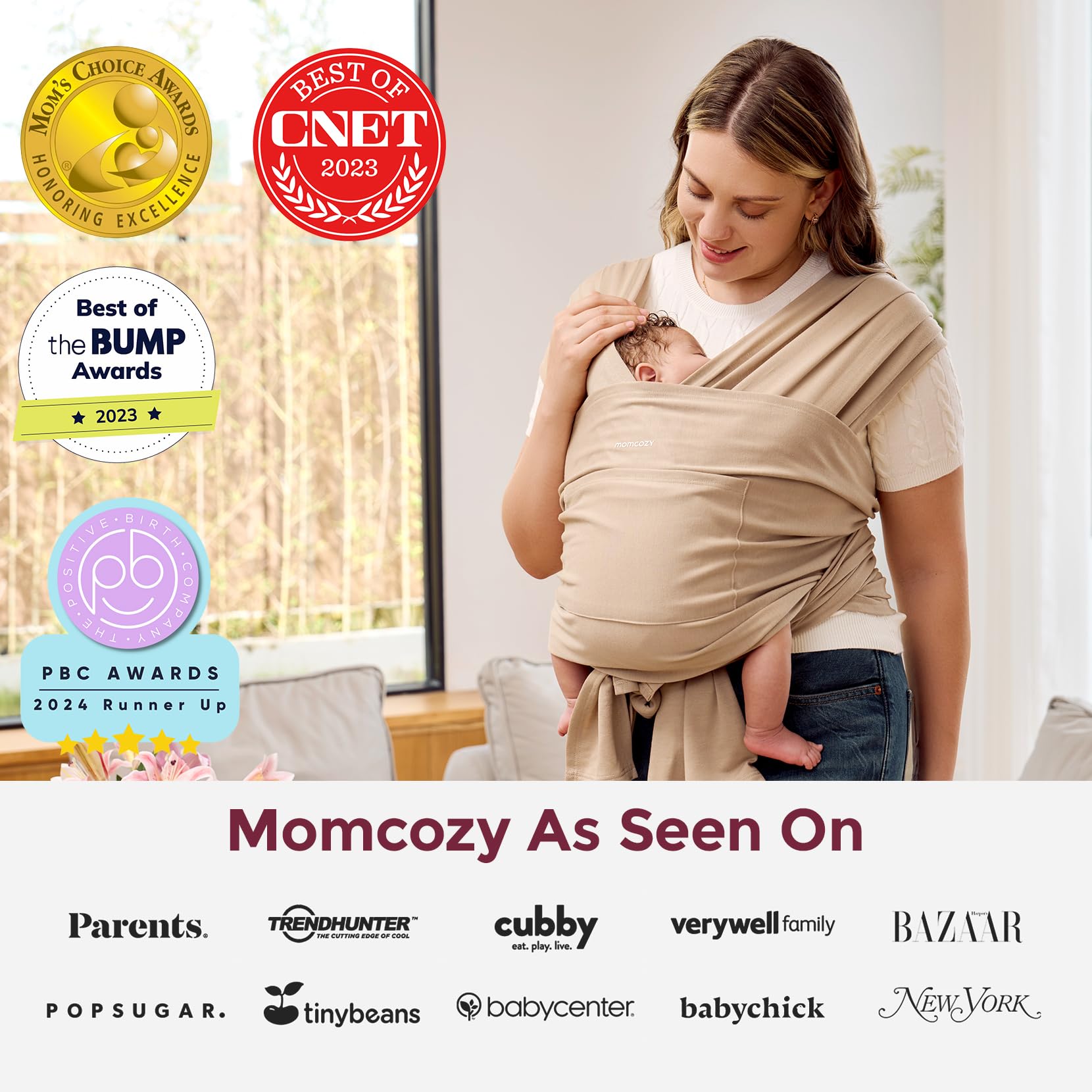 Baby in hip-friendly position inside the Momcozy wrap