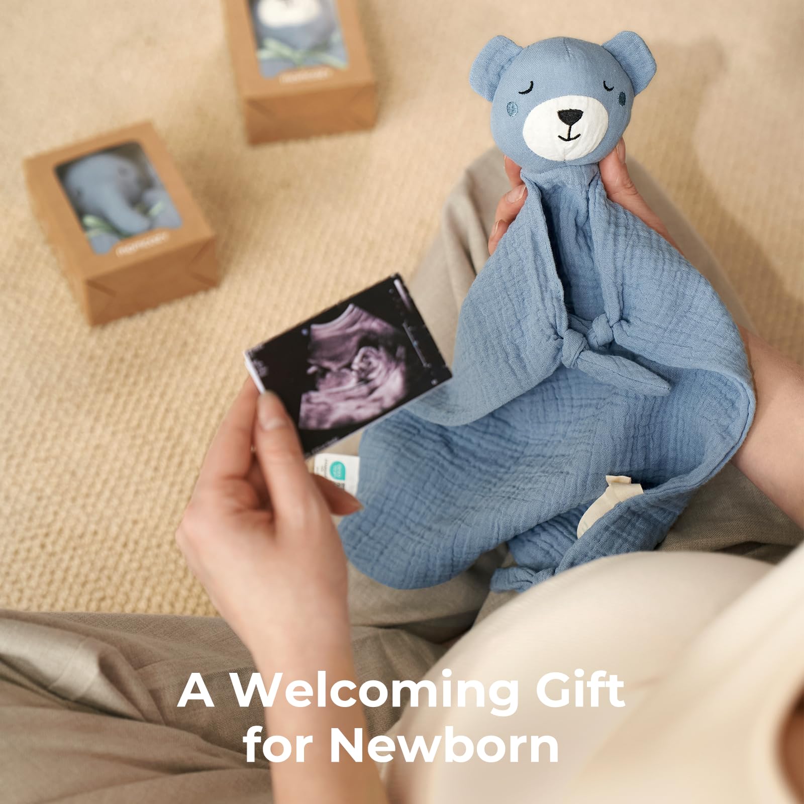 Momcozy Bear Lovey gift box, ready for baby showers.