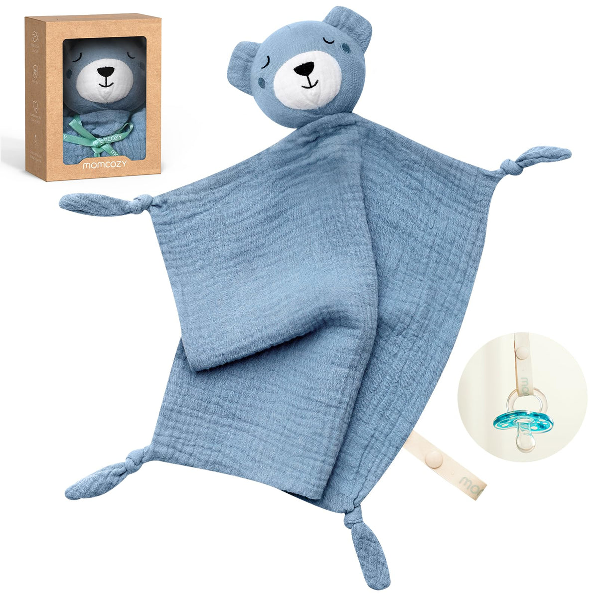 Momcozy Bear Lovey head close-up in soft cotton for gentle snuggles.