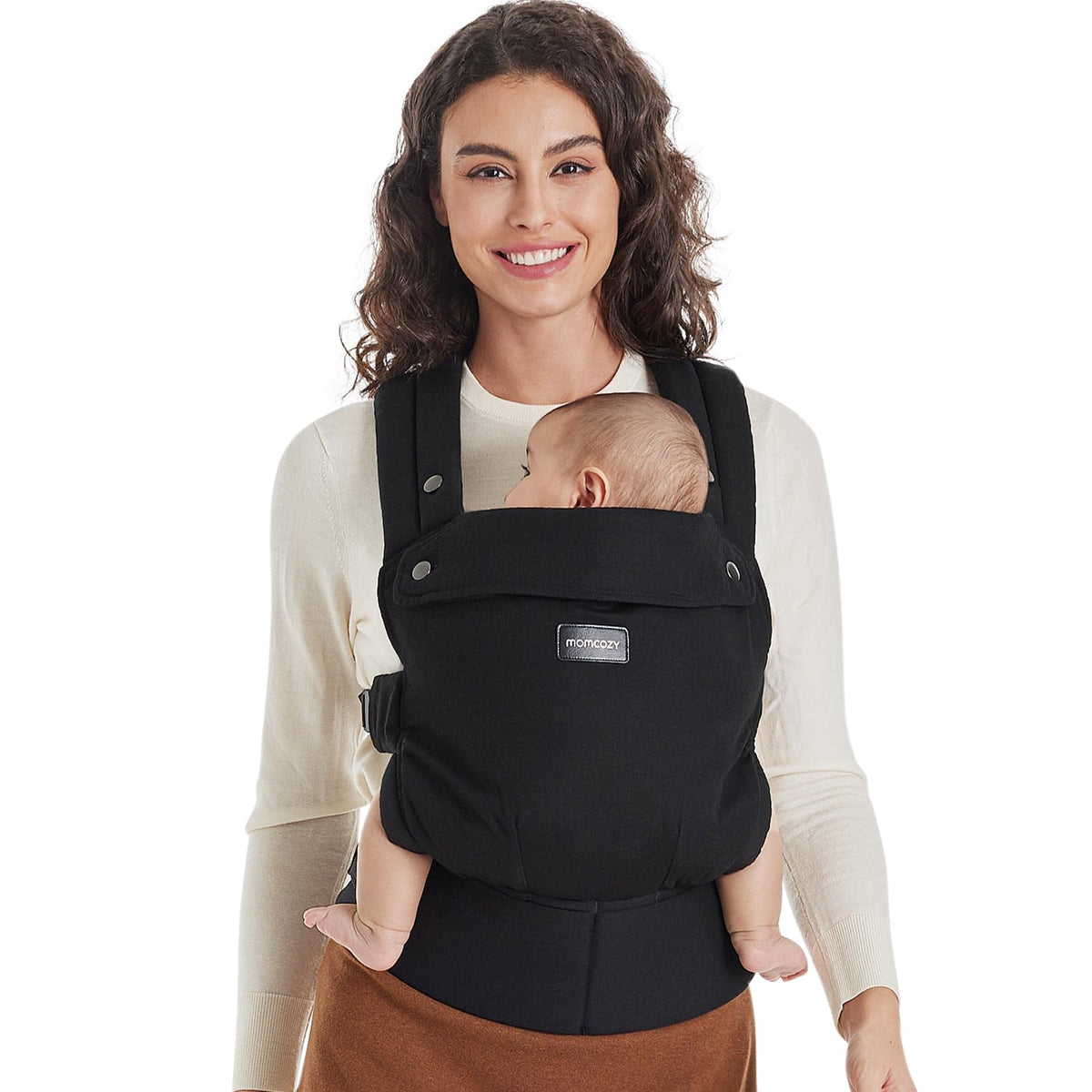 Momcozy black baby carrier, front view, ideal for hands-free outings with your little one.