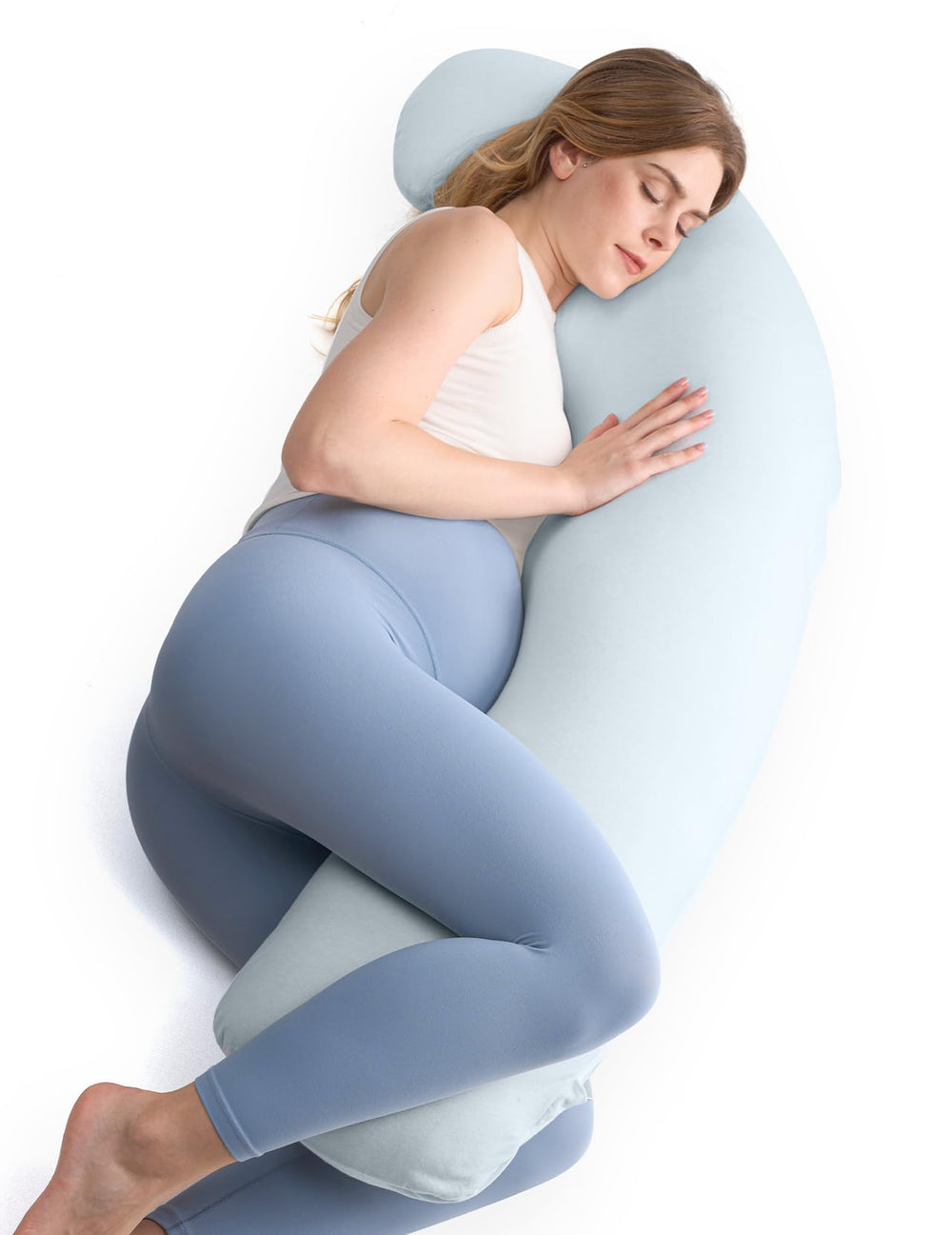 Momcozy blue pregnancy pillow adds calm color to your bed