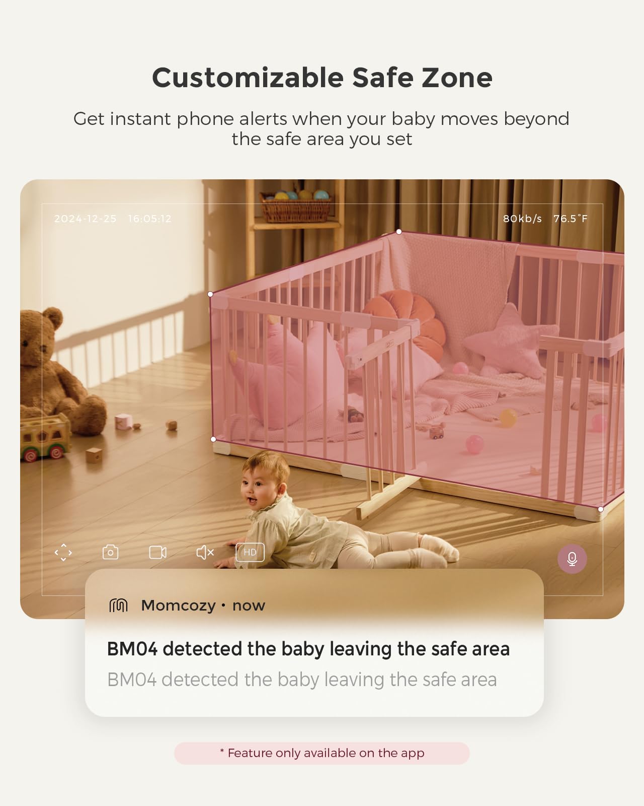 Momcozy BM04 danger zone alert signals when baby leaves a safe area.