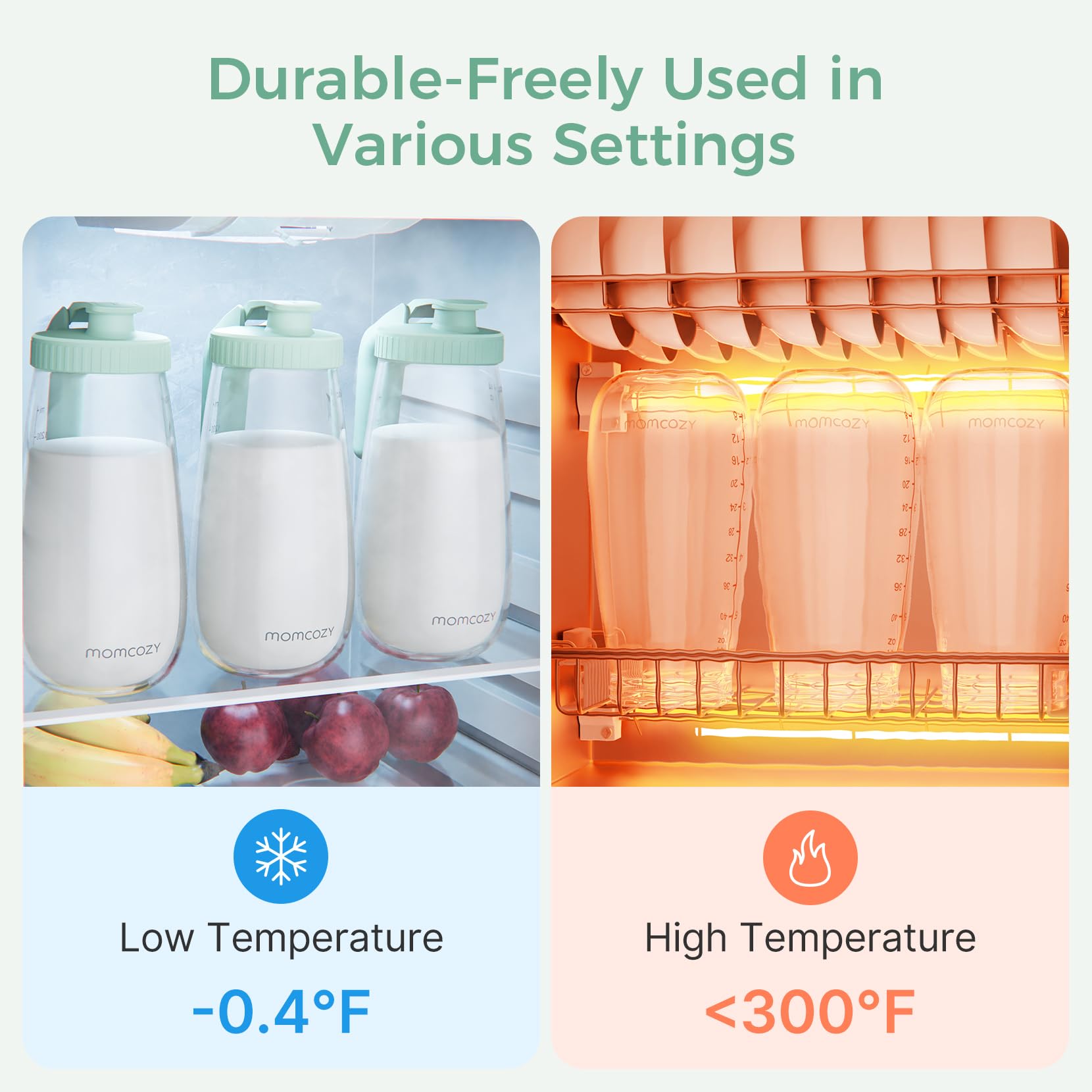 Momcozy borosilicate glass construction for temperature resilience