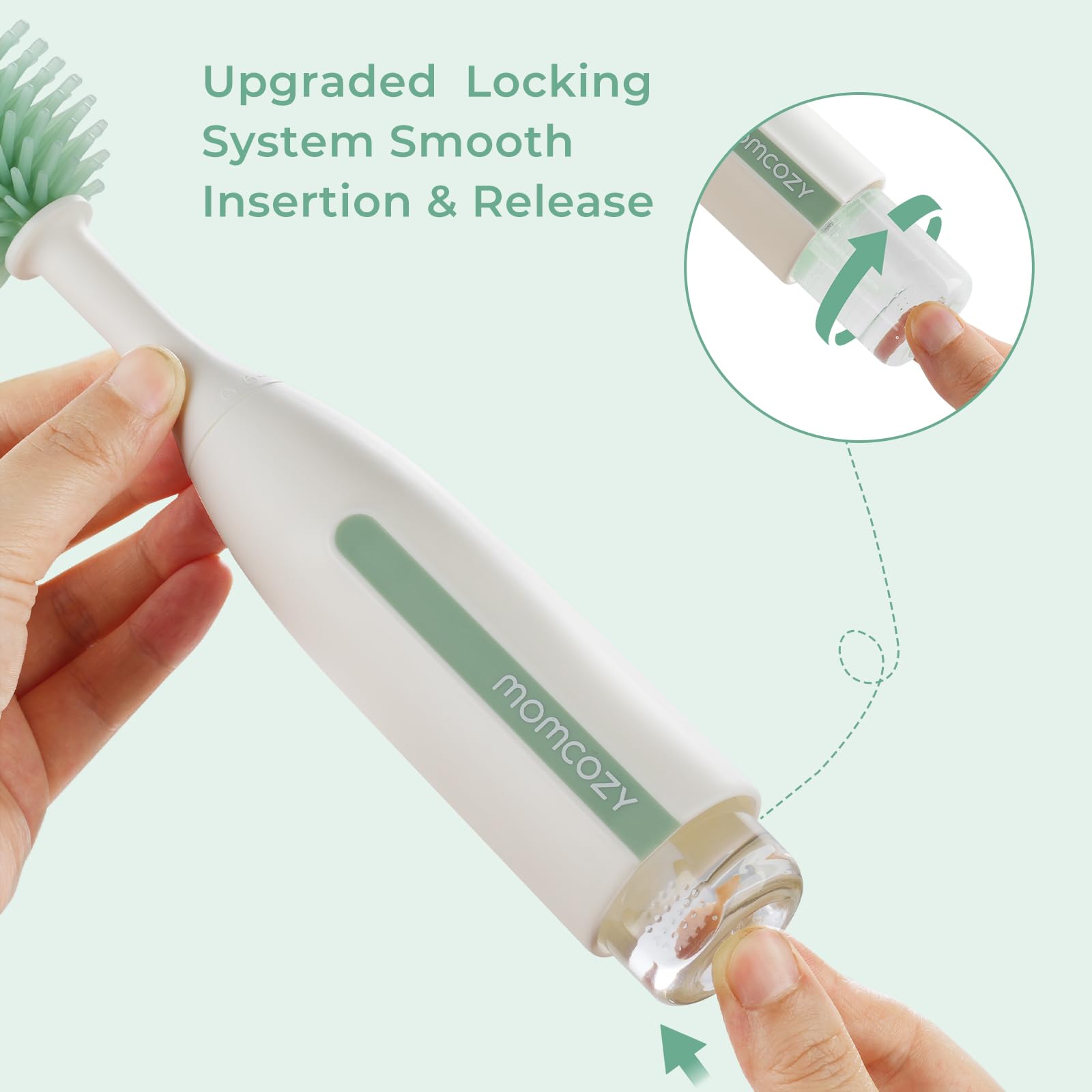 Momcozy Angled brush head targets teats for thorough cleaning.