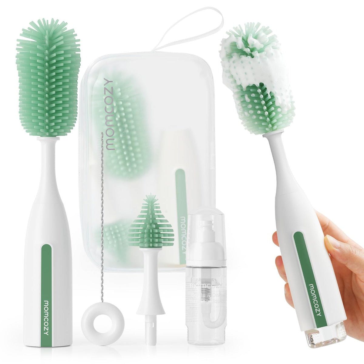 Momcozy Bottle Brush Kit Pro bubble-producing brush for deep bottle cleaning.