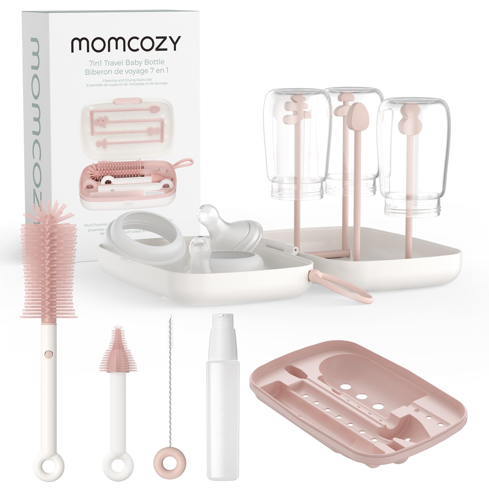 Momcozy bottle brush set silicone brush close-up for thorough cleaning.