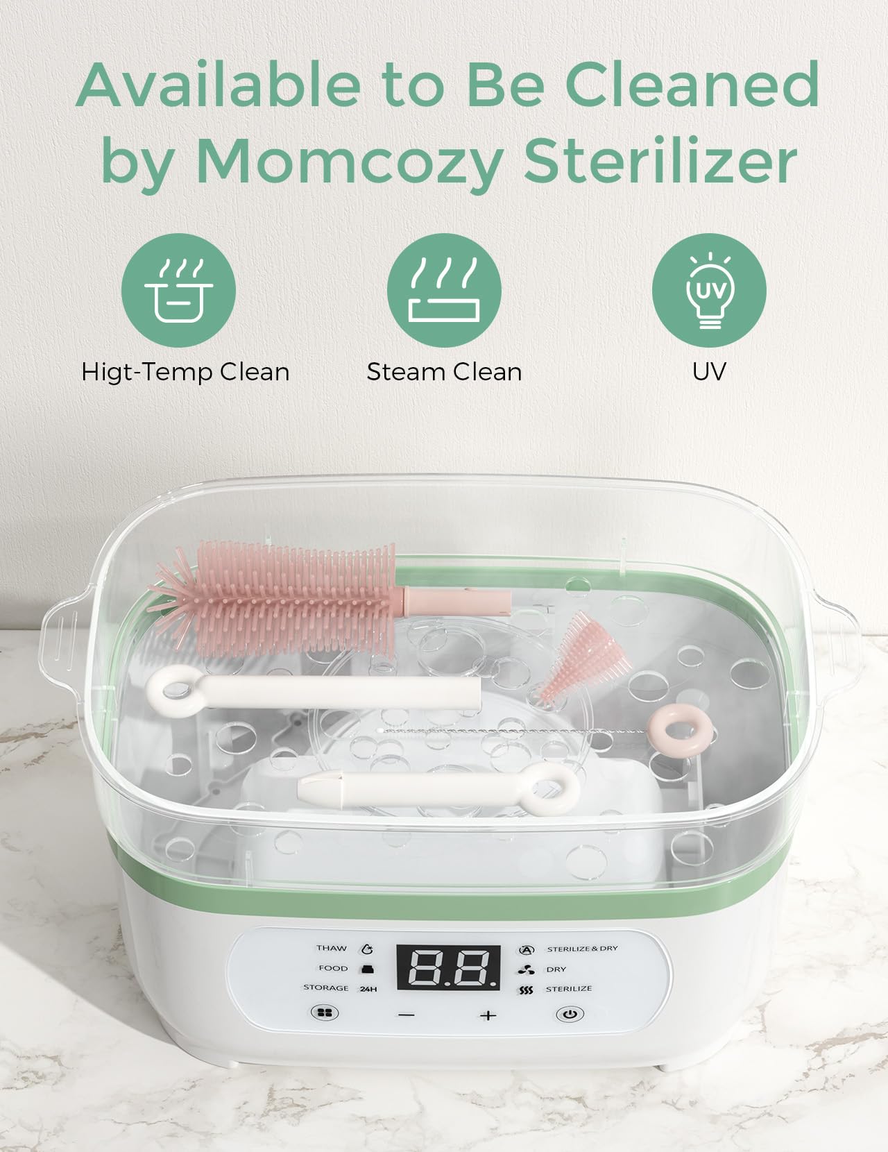 Momcozy bottle brush set soap dispenser included for easy soap dispensing.