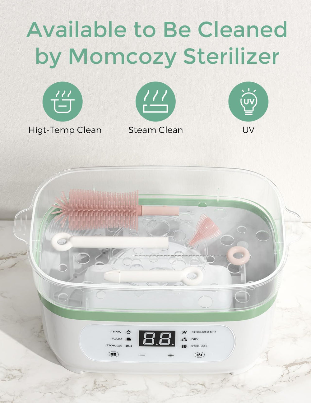Momcozy bottle brush set soap dispenser included for easy soap dispensing.