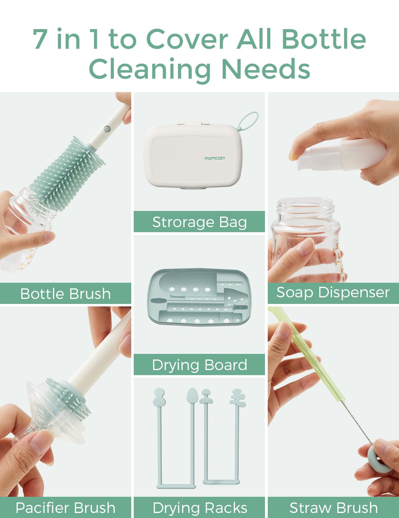 Momcozy Bottle Brush Set soap dispenser for easy, measured soap application.