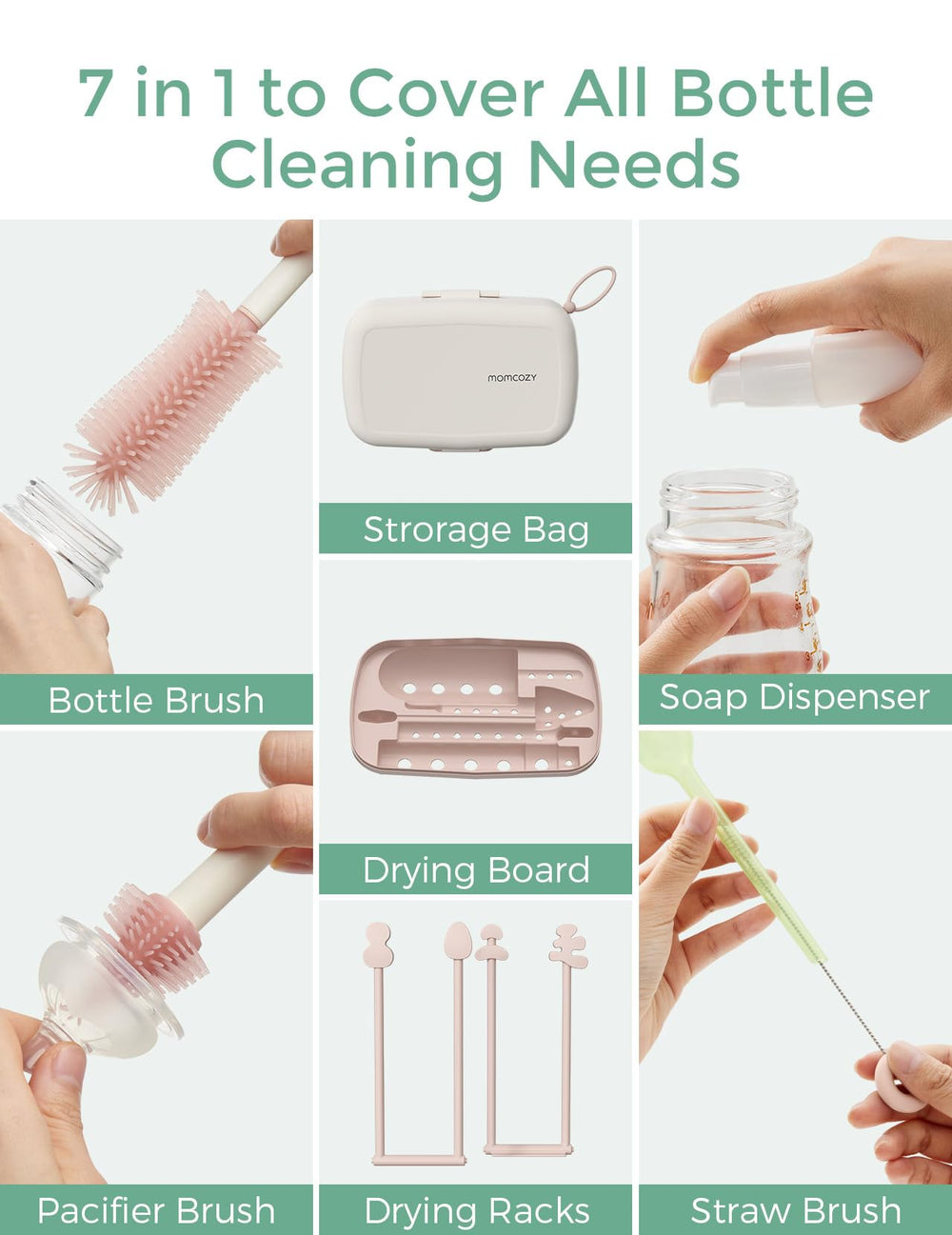 Momcozy bottle brush set storage box keeps parts organized.