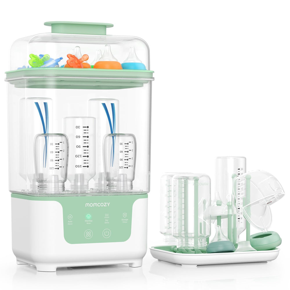 Momcozy bottle sterilizer and dryer front view shows space-saving design for busy kitchens